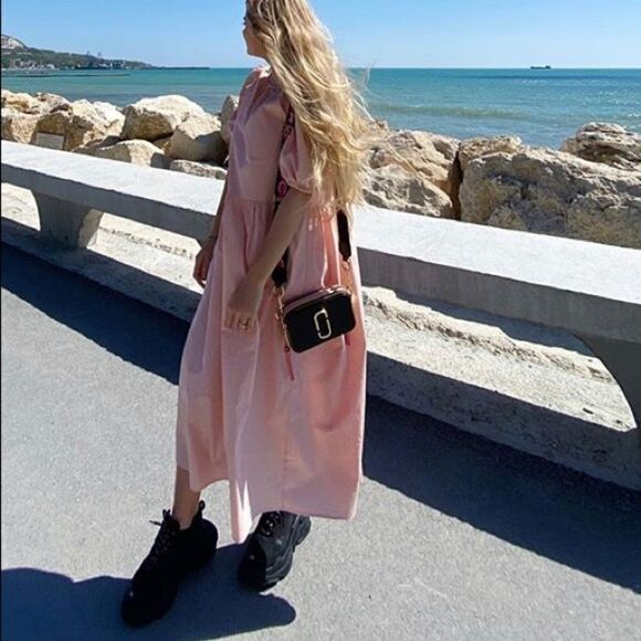 Calf-length Dress Dusty Pink Cotton M NWT Wide Cut - Picture 8 of 8